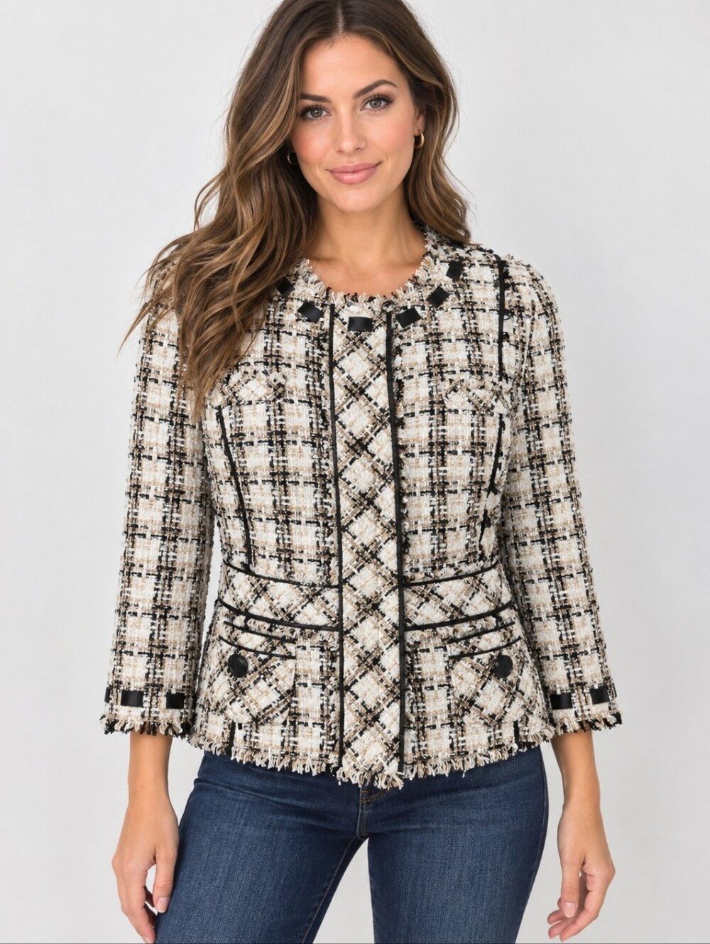 Elevenses Anthropologie Tweed Blazer Women 12 Fringe Black Ivory Wool Jacket